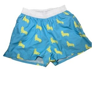 Treign Women’s Size Medium Corgi Dog Print Workout Shorts Blue Yellow